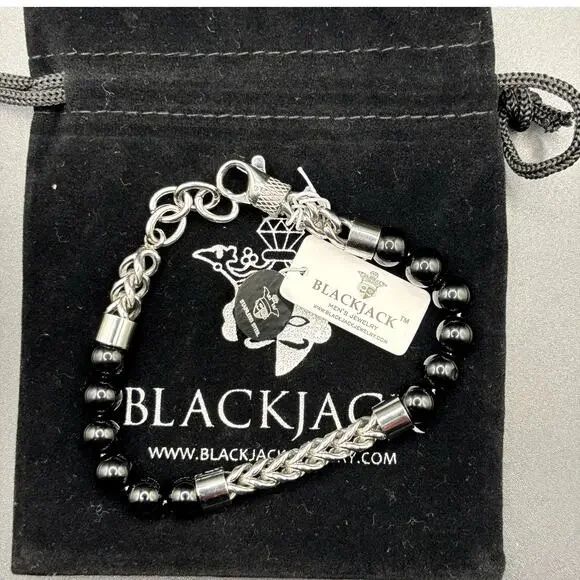Blackjack BJB220NX Mens Genuine Onyx Bead & Stainless Steel Franco Bracelet NWT